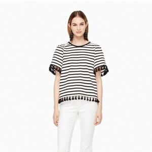 Kate Spade Broome Street Stripe Tassel Fringe Flutter Sleeve Top Size XS